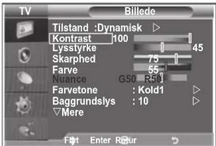 TV Billede Tilstand: Dynamisk ▷ Kontrast 100 Lysstyrke 45 Skarphed 75 Farve 55 Nuance G50 R50 Farvetone: Kold1 ▷ Baggrundslys: 10 ▷ ▽Mere Fert Enter Retur