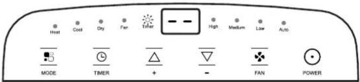 Heat Cool Dry Fan Timer High Medium Low Auto MODE TIMER + - FAN POWER