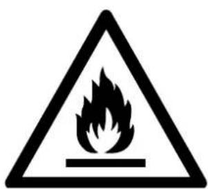 Warning sign depicting a flame symbol in a triangular shape, indicating hazard or caution.