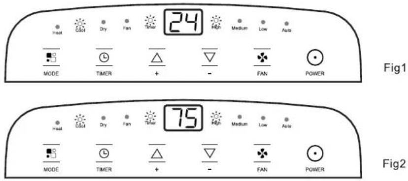 Heat Cool Dry Fan Timer 24 High Medium Low Auto MODE TIMER + - FAN POWER 75 Heat Cool Dry Fan Timer High Medium Low Auto MODE TIMER + - FAN POWER Fig1 Fig2