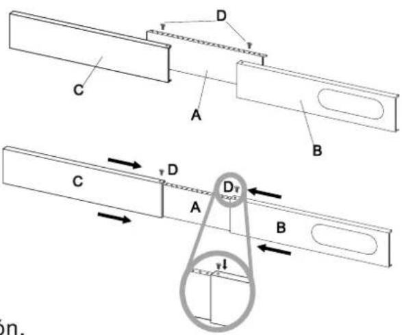Technical diagram showing two mechanical or structural components with labeled parts A, B, C, D and directional arrows indicating motion or force.
