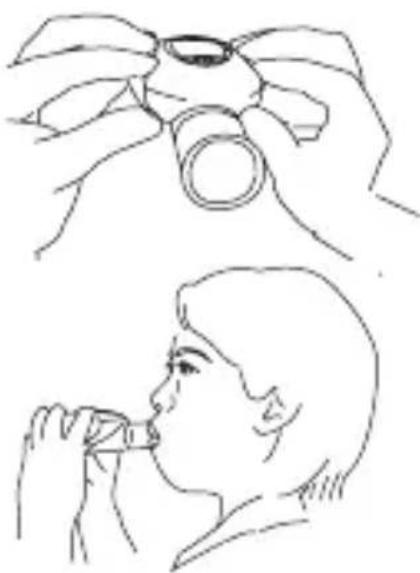 Line drawing showing two steps of a person using a handheld device to interact (no text or symbols present)