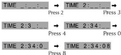graph LR A["TIME _:__:__"] --> B["TIME 2:__:__"] B --> C["Press 2"] D["TIME 2:3_:__"] --> E["TIME 2:34:__"] E --> F["Press 4"] G["TIME 2:34:0_"] --> H["TIME 2:34:08"] H --> I["Press 8"]