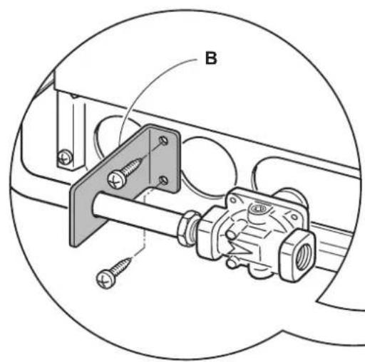 Technical diagram of a mechanical assembly with labeled component B, showing bolted connections and mounting brackets (no text or symbols beyond label)