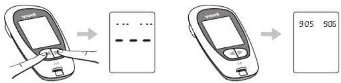 Diagram illustrating blood glucose meter operation with step-by-step instructions and a 9:05/9:06 display