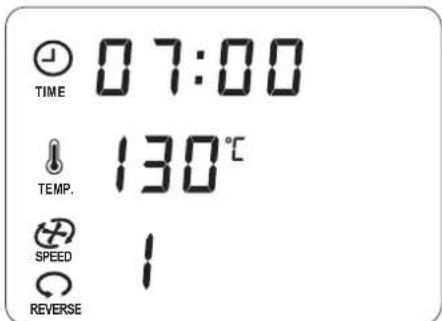 TIME 07:00 TEMP. 130°C SPEED 1 REVERSE