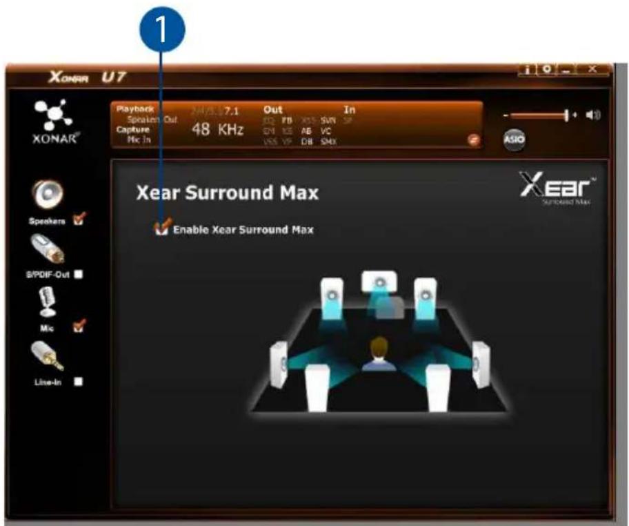 XONAR U7 Playback Speaker Out 24/03.17.1 Out In Capture 48 KHz Mic In ASIO Xear Surround Max Enable Xear Surround Max Xear Surrounded Max Speakers ✓ SPOIF-Out ✓ Mic ✓ Line-In ✓