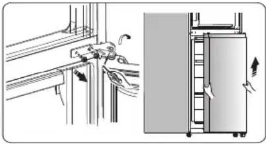 Diagram showing a door handle mechanism and its exterior view of a refrigerator with airflow arrows (no text or symbols)