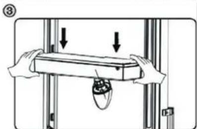Diagram showing a hand holding a tray with arrows indicating downward motion, possibly illustrating a mechanical or electrical process.