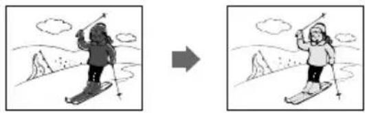 Two identical illustrations of a skier in a mountain landscape, showing a change from one to the other (no text or symbols present)