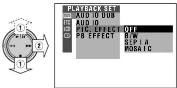 PLAYBACK SET AUDIO DUB AUDIO PIC. EFFECT OFF PB EFFECT B/W SEPIA MOSAIC
