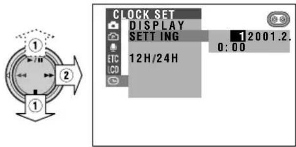 CLOCK SET, DISPLAY, SETTING 1 2001.2. 0:00, ETC, 12H/24H