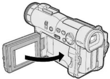 Technical line drawing of a digital camera with an arrow indicating motion (no text or symbols present)