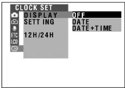 CLOCK SET, DISPLAY OFF, SETTING DATE, 12H/24H DATE+TIME