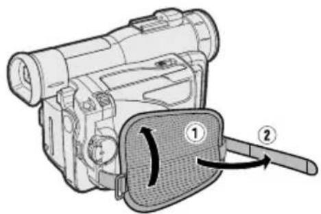 Diagram of a digital camera with labeled parts, showing internal components and directional arrows.