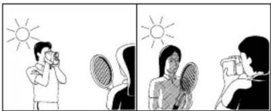 Illustration showing three scenes: a person using a sun, a pair of tennis rackets, and a person taking a picture under the sun (no text or symbols)