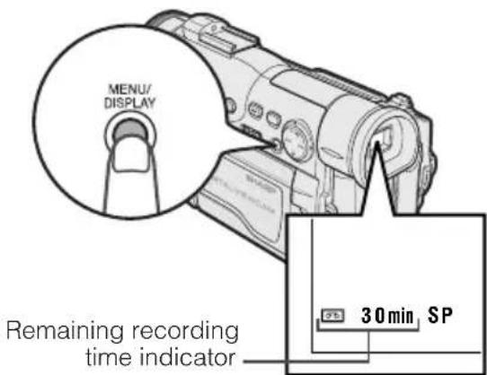 MENU/DISPLAY. Remaining recording time indicator: 30 min SP.