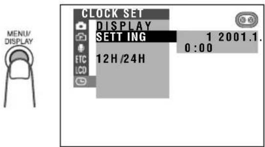 CLOCK SET, DISPLAY, SETTING 1 2001.1. 0:00, 12H/24H, MENU/DISPLAY