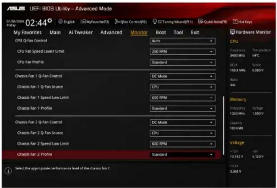 ASUS UEFI BIOS Utility - Advanced Mode. Date: 01/30/2009 02:44. Language: English. MyFavorite(F3), Qfan Control(F6), EZ Tuning Wizard(F11), Quick Note(F9), Hot Keys. Tabs: My Favorites, Main, AI Tweaker, Advanced, Monitor, Boot, Tool, Exit. CPU Q-Fan Control: Auto. CPU Fan Speed Lower Limit: 200 RPM…