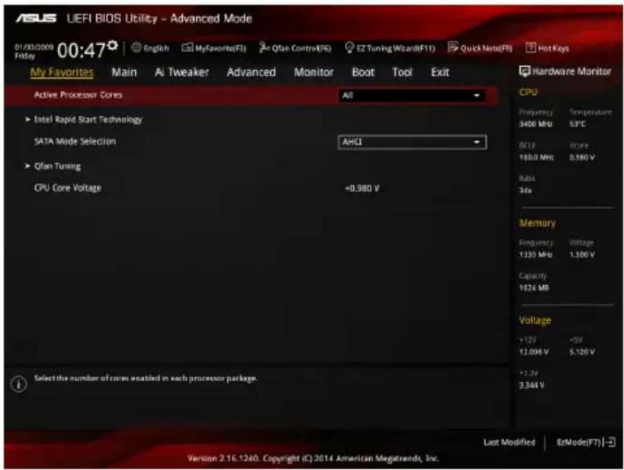 ASUS UEFI BIOS Utility - Advanced Mode 01/30/2009 00:47 English MyFavorite(FI) Qtan Control(FS) EZ Tuning Wizard(FI) Quick Note(FI) Hot Keys My Favorites Main AI Tweaker Advanced Monitor Boot Tool Exit Active Processor Cores All Intel Rapid Start Technology SATA Mode Selection AHCI Qtan Tuning CPU C…