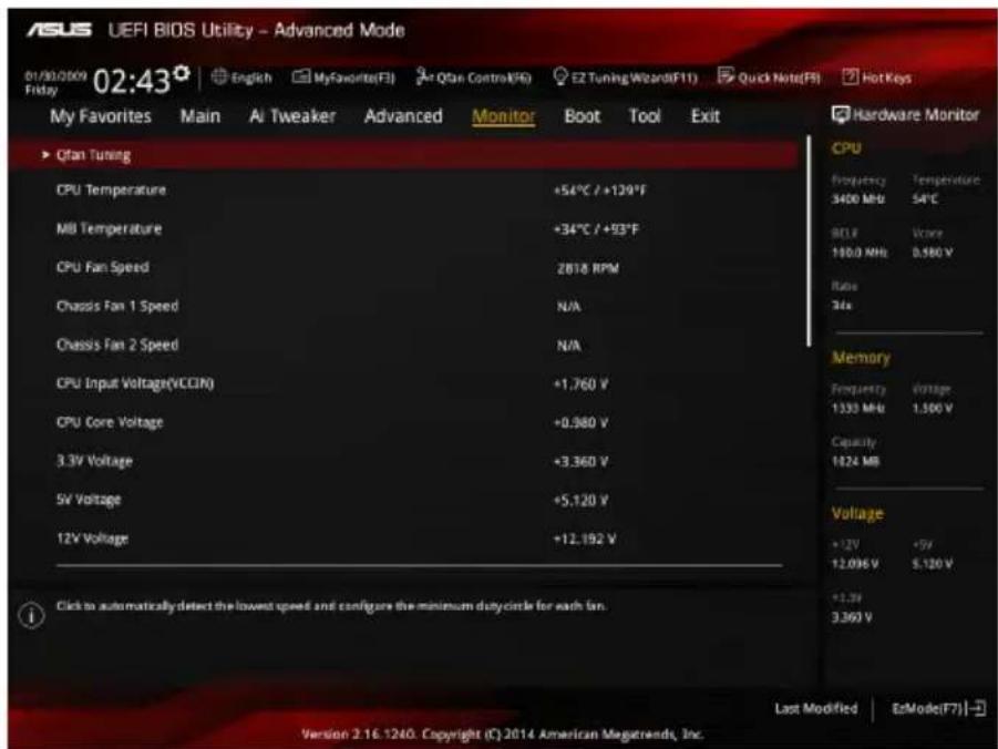 ASUS UEFI BIOS Utility - Advanced Mode. Date: 01/30/2009 02:43. Language: English. MyFavorite(F1), Qfan Control(F1), EZ Tuning Wizard(F11), Quick Note(F1), Hot Keys. Tabs: My Favorites, Main, AI Tweaker, Advanced, Monitor, Boot, Tool, Exit. Qfan Tuning: CPU Temperature +54°C / +129°F, MB Temperature…