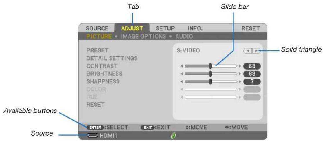 Tab Slide bar SOURCE ADJUST SETUP INFO. RESET PICTURE • IMAGE OPTIONS • AUDIO PRESET DETAIL SETTINGS CONTRAST BRIGHTNESS SHARPNESS COLOR HUE RESET 3: VIDEO Solid triangle Available buttons Source ENTER: SELECT EXIT: EXIT :MOVE :MOVE HDMI1