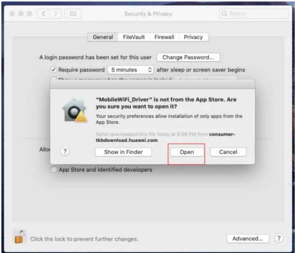 Security & Privacy General FileVault Firewall Privacy A login password has been set for this user Change Password... ✓ Require password 5 minutes after sleep or screen saver begins "MobileWiFi_Driver" is not from the App Store. Are you sure you want to open it? Your security preferences allow installation of only apps from the App Store. Safari downloaded this file today at 6:58 PM from consumer- tkbdownload.huawei.com Allow ? Show in Finder Open Cancel App Store and identified developers Click the lock to prevent further changes. Advanced... ?
