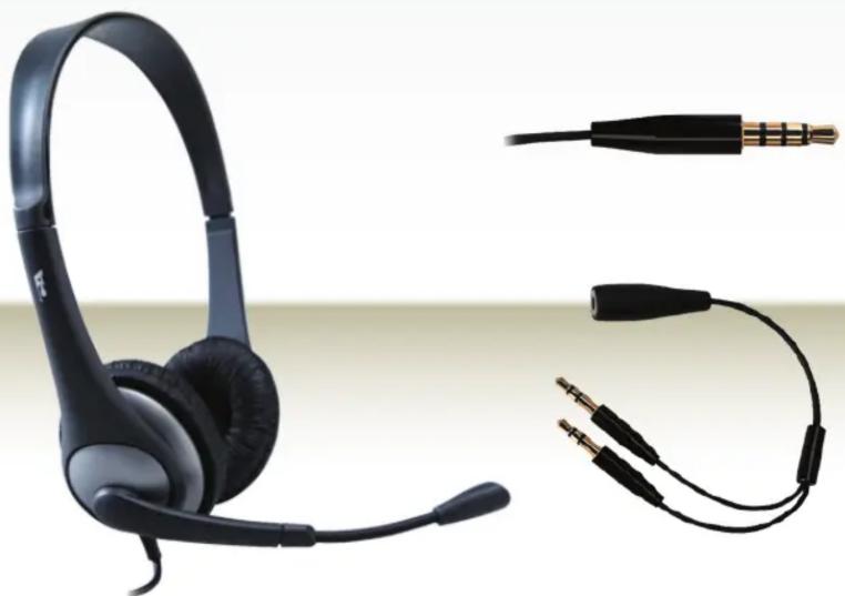 Black headboard headset and two connected audio jack cables (no text or symbols visible)