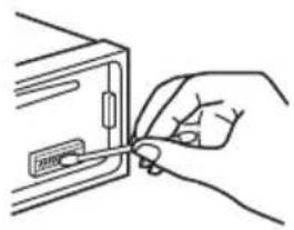 Line drawing of a hand inserting a card into a folder (no text or symbols).