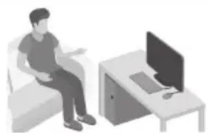Illustration of a person sitting on a couch next to a desk with a laptop (no text or symbols visible).