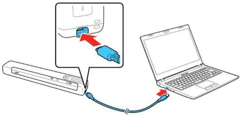 Diagram showing cable connection between a remote device and a laptop, with a magnified inset highlighting the cable being inserted into a device.