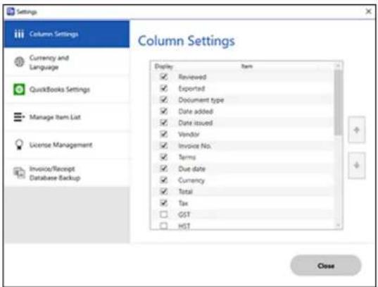 Settings Column Settings Currency and Language QuickBooks Settings Manage Item List License Management Invoice/Receipt Database Backup Column Settings Display: Item ✓ Reviewed ✓ Exported ✓ Document type ✓ Date added ✓ Date issued ✓ Vendor ✓ Invoice No. ✓ Terms ✓ Due date ✓ Currency ✓ Total ✓ Tax □ G…