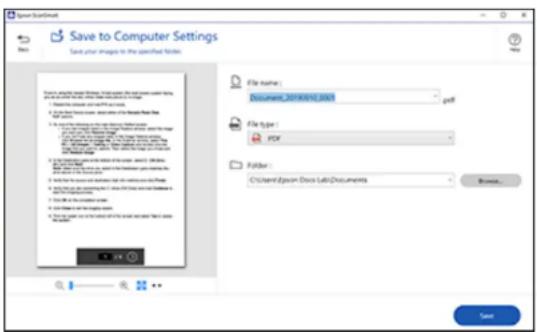 Save to Computer Settings Save your images in the specified folder. File Name: Document_2019/07/10 2003 File Type: PDF Folder: C:\Users\Epson-Docs Lab\Documents Save...