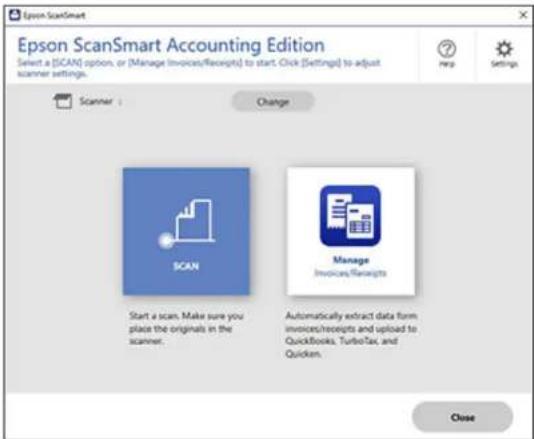 Epson ScanSmart Epson ScanSmart Accounting Edition Select a [SCAN] option, or [Manage Invoices/Receipts] to start. Click [Settings] to adjust scanner settings. Scanner: Change SCAN Manage Invoices/Receipts Start a scan. Make sure you place the originals in the scanner. Automatically extract data fro…