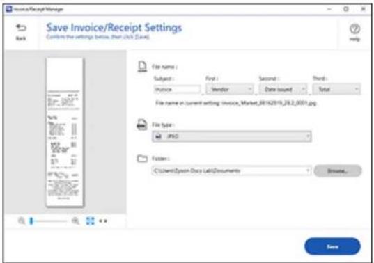 Save Invoice/Receipt Settings Customize the settings below, then click Save. File name: Subject: First: Second: Third: Invoice Vendor Date issued Total File name in current setting: invoice_Market_08162919_23.2.2001.jpg File Type: JPG Folder: C:\Users\System\Dock\Lab\Documents Browse... Save