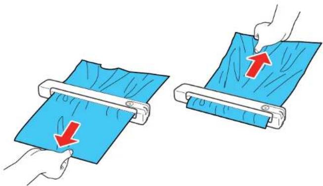 Illustration of two hands performing a roll-up operation on a blue sheet, with red arrows indicating the motion direction (no text or symbols present)