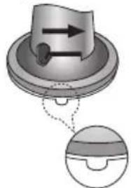 Diagram of a mechanical component with directional arrows and a close-up inset showing a circular feature (no text or symbols)