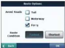 Route Options Avoid Roads Toll Motorway Ferry Route Condition Footset Shortest Back OK