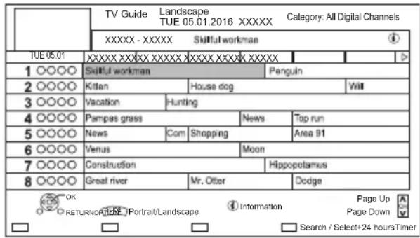 TV Guide Landscape TUE 05.01.2016 XXXXX Category: All Digital Channels XXXXX - XXXXX Skiftful workman TUE 05.01 XXXXX XXXXX XXXXX XXXXX XXXXX XXXXX 1 ○○○○ Skiftful workman Penguin 2 ○○○○ Kitian House dog Will 3 ○○○○ Vacation Hunting 4 ○○○○ Pampas grass News Top run 5 ○○○○ News Com Shopping Area 91 6…