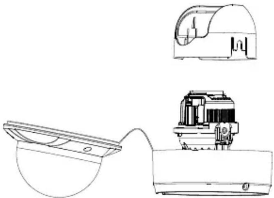 Technical line drawing of a device with three views: top shows a dome-shaped component, bottom shows a fan-like structure connected to a base (no text or symbols)