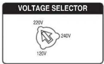 VOLTAGE SELECTOR: 220V, 240V, 120V.
