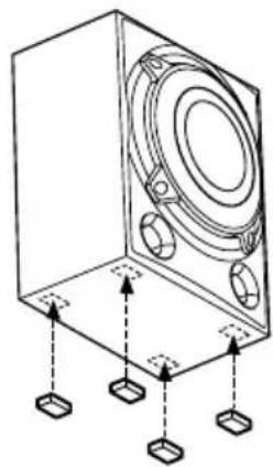 Isometric line drawing of a mechanical housing with mounting holes and a central speaker (no text or symbols)