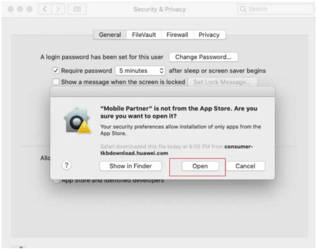 Security & Privacy General FileVault Firewall Privacy A login password has been set for this user Change Password... ✓ Require password 5 minutes after sleep or screen saver begins Show a message when the screen is locked Set Lock Message... "Mobile Partner" is not from the App Store. Are you sure you want to open it? Your security preferences allow installation of only apps from the App Store. Safari downloaded this file today at 6:55 PM from consumer-tkbdownload.huawei.com ? Show in Finder Open Cancel App Store and identified developers