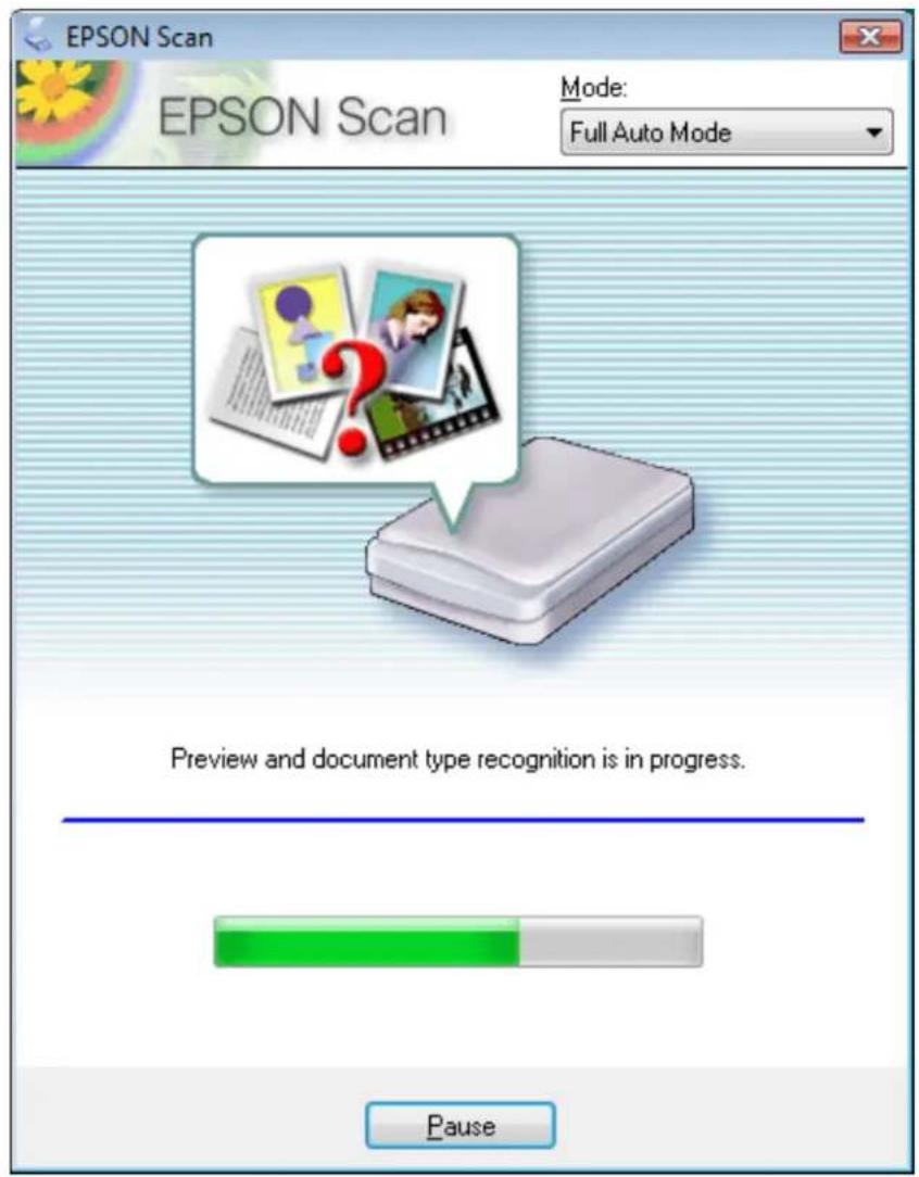 EPSON Scan EPSON Scan Mode: Full Auto Mode Preview and document type recognition is in progress. Pause