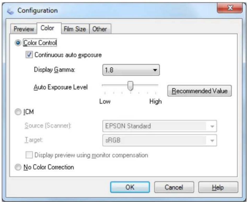 Configuration Preview Color Film Size Other Color Control Continuous auto exposure Display Gamma: 1.8 Auto Exposure Level Low High Recommended Value ICM Source (Scanner): EPSON Standard Target: sRGB Display preview using monitor compensation No Color Correction OK Cancel Help