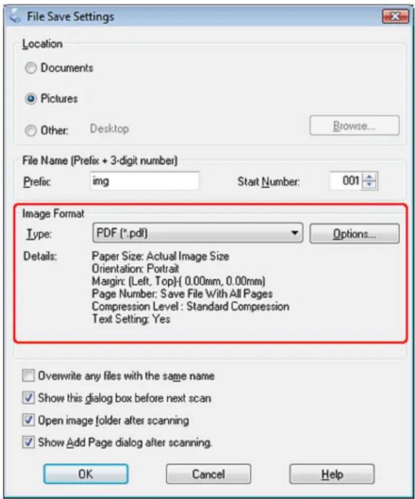 File Save Settings Location Documents Pictures Other: Desktop Browse... File Name (Prefix + 3-digit number) Prefix: img Start Number: 001 Image Format Type: PDF (*.pdf) Options... Details: Paper Size: Actual Image Size Orientation: Portrait Margin: (Left, Top)-( 0.00mm, 0.00mm) Page Number: Save Fil…