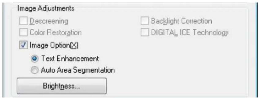 Image Adjustments □ Descreening □ Color Restoration □ Backlight Correction □ DIGITAL ICE Technology ✓ Image Option(×) ● Text Enhancement ○ Auto Area Segmentation Brightness...