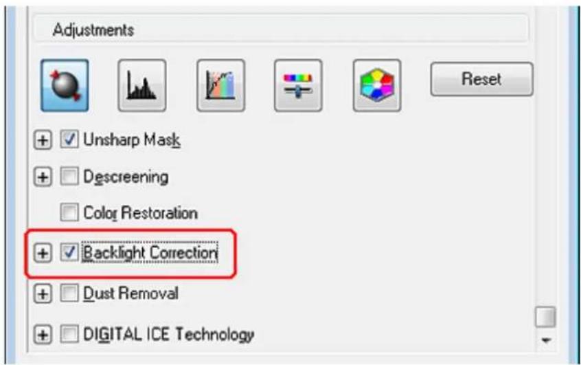 Adjustments + Unsharp Mask + Descreening Color Restoration + Backlight Correction + Dust Removal + DIGITAL ICE Technology Reset