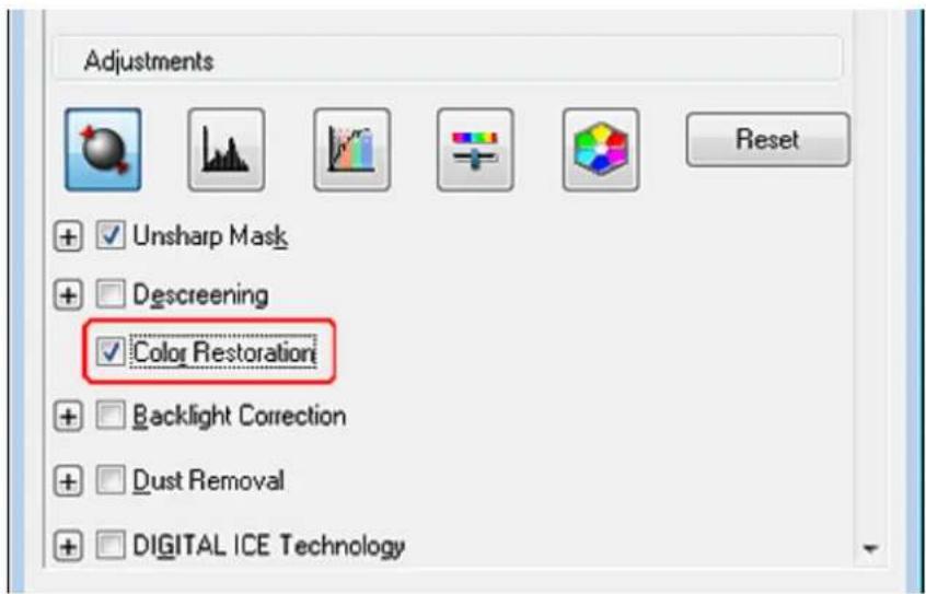 Adjustments Reset Unsharp Mask Descreening Color Restoration Backlight Correction Dust Removal DIGITAL ICE Technology