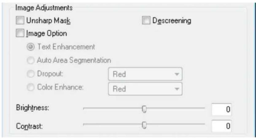 Image Adjustments. Unsharp Mask, Descreening, Image Option, Text Enhancement, Auto Area Segmentation, Dropout: Red, Color Enhance: Red, Brightness: 0, Contrast: 0